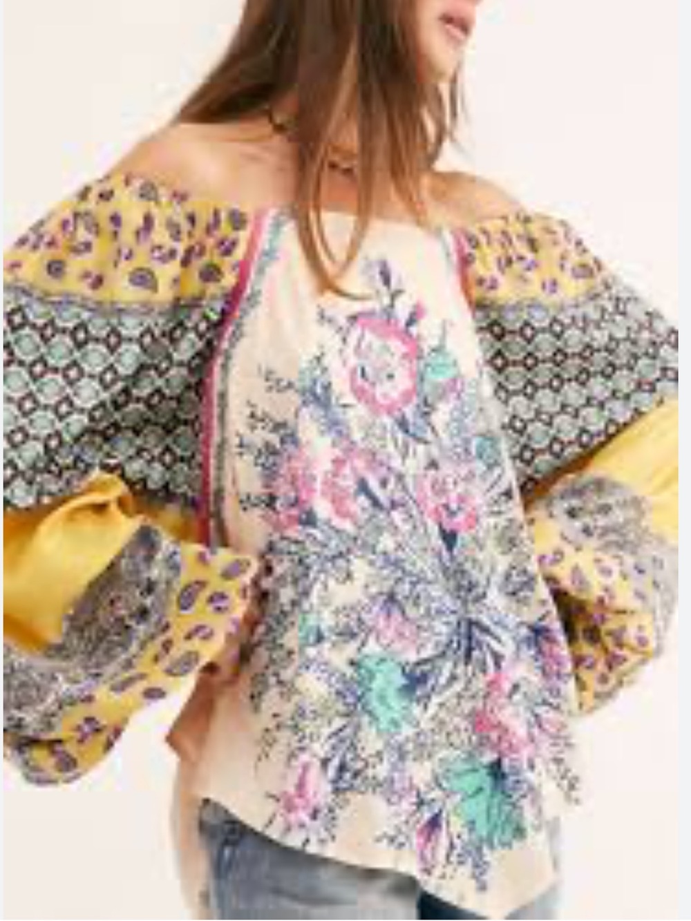 Free People Positano Blouse Top Size XS Floral Off the Shoulder Balloon Sleeves